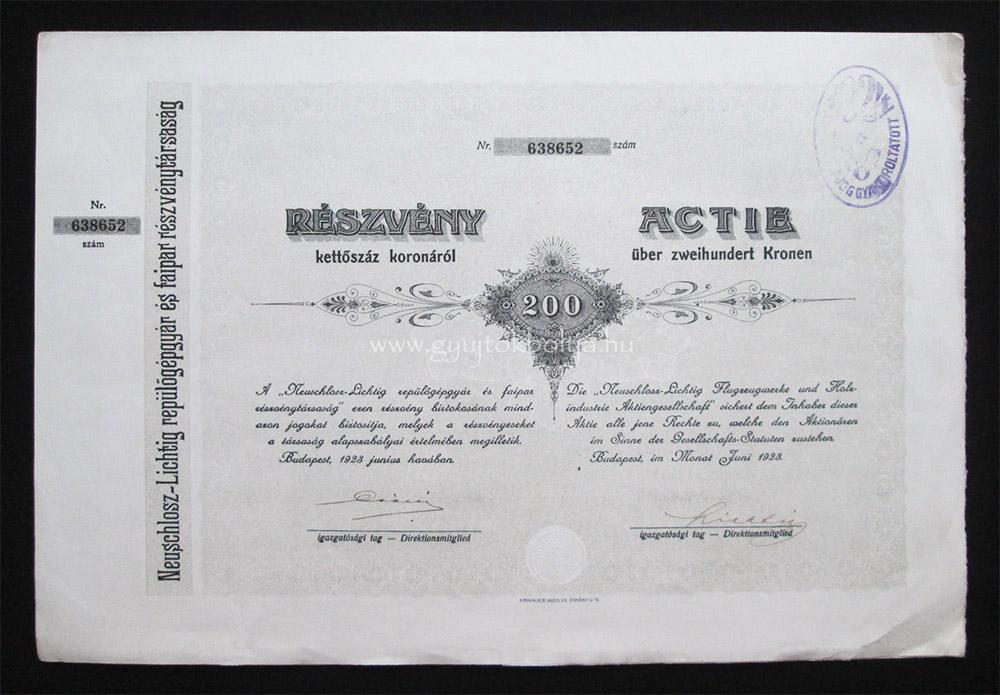 Neuschlosz-Lichtig Repülõgépgyár részvény 200 korona 1923